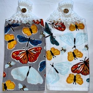 Hand Crafted Crochet Top Butterfly Hanging Kitchen Dish or Bathroom Hand Towels